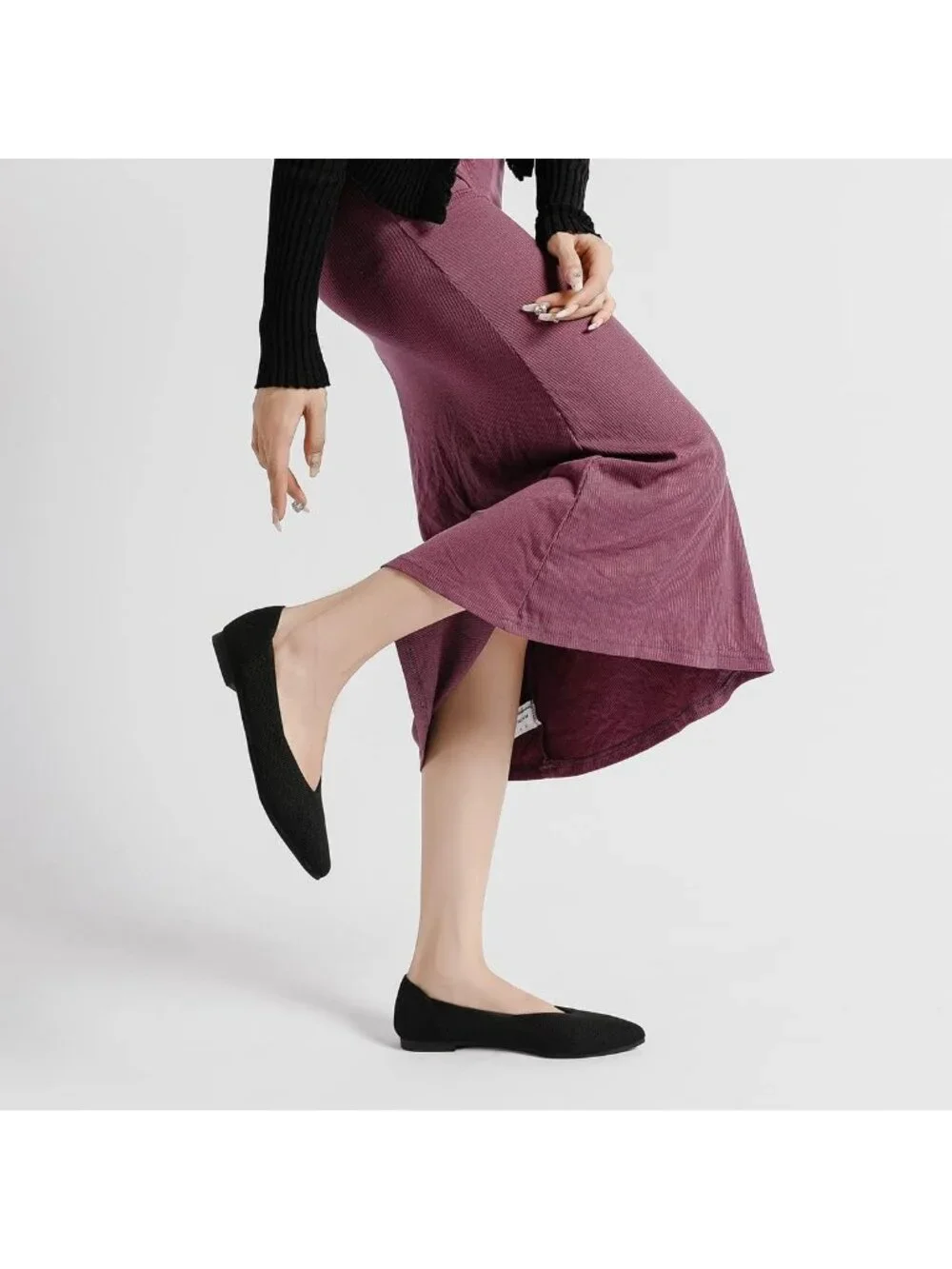 Women's Black Ballet Flats Pointed Toe Comfortable Knit Slip On Casual Shoes
